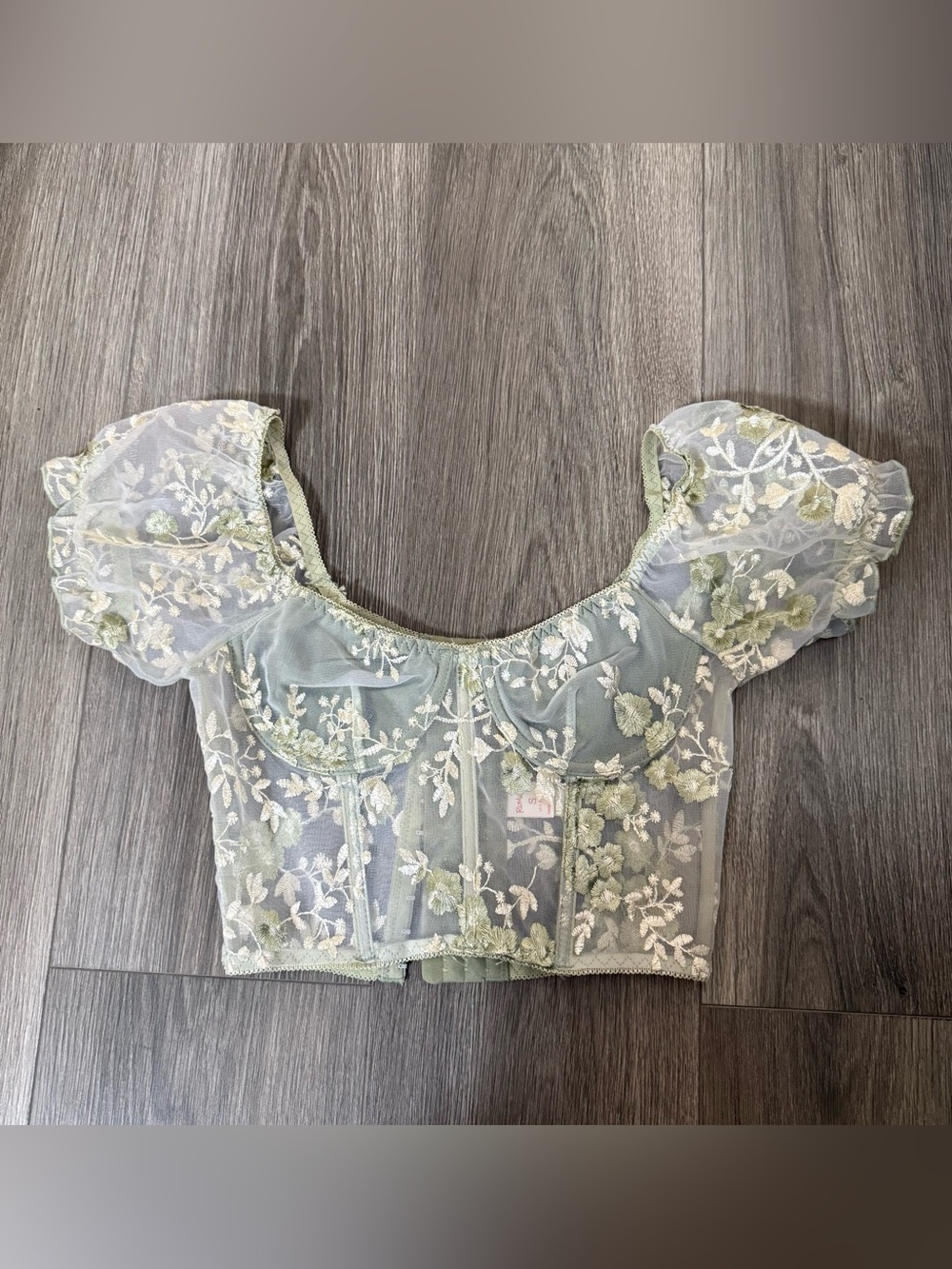 ROMWE Sage Green Floral Puff Sleeve Crop Top Size Small Whimsy Fairy Boho - Picture 3 of 10